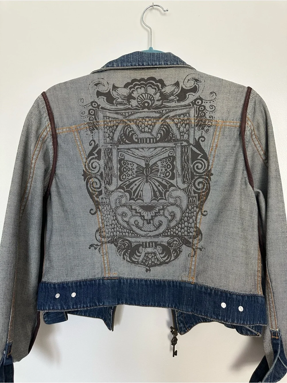 CAbi Reversible Denim Jean Jacket with printed Back Panel